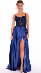 Storm Navy Corset Satin Full Skirt Gown SALE